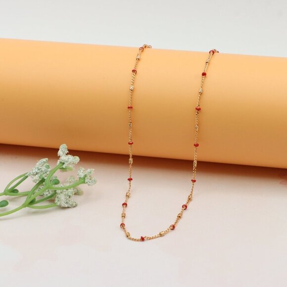Rose Gold Beaded Chain Necklace with Red Accents, XPNL0246 - Picture 1 of 12
